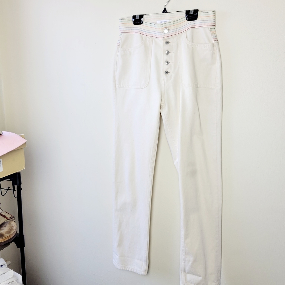 Redone Blanco Multi Color Stitch Button Up Jeans … - image 5